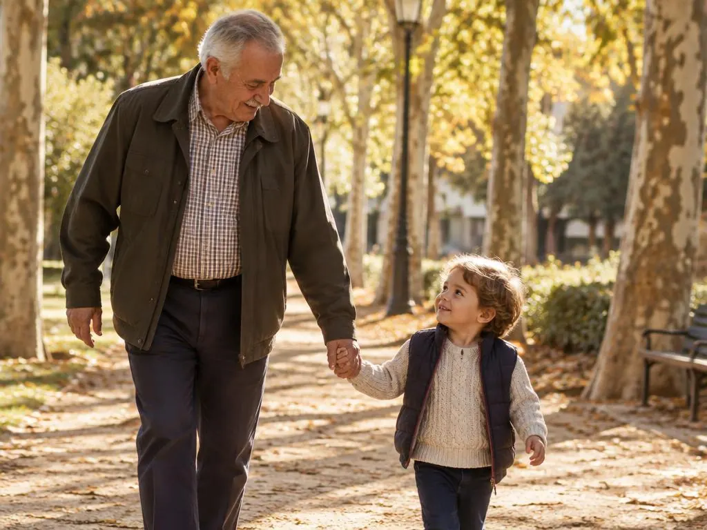 Abuelo paseando de la mano con su nieto