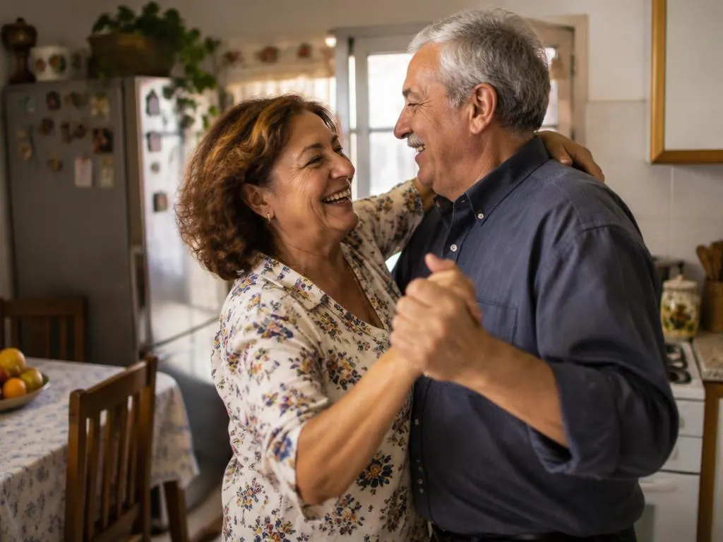Pareja mayor bailando en la cocina