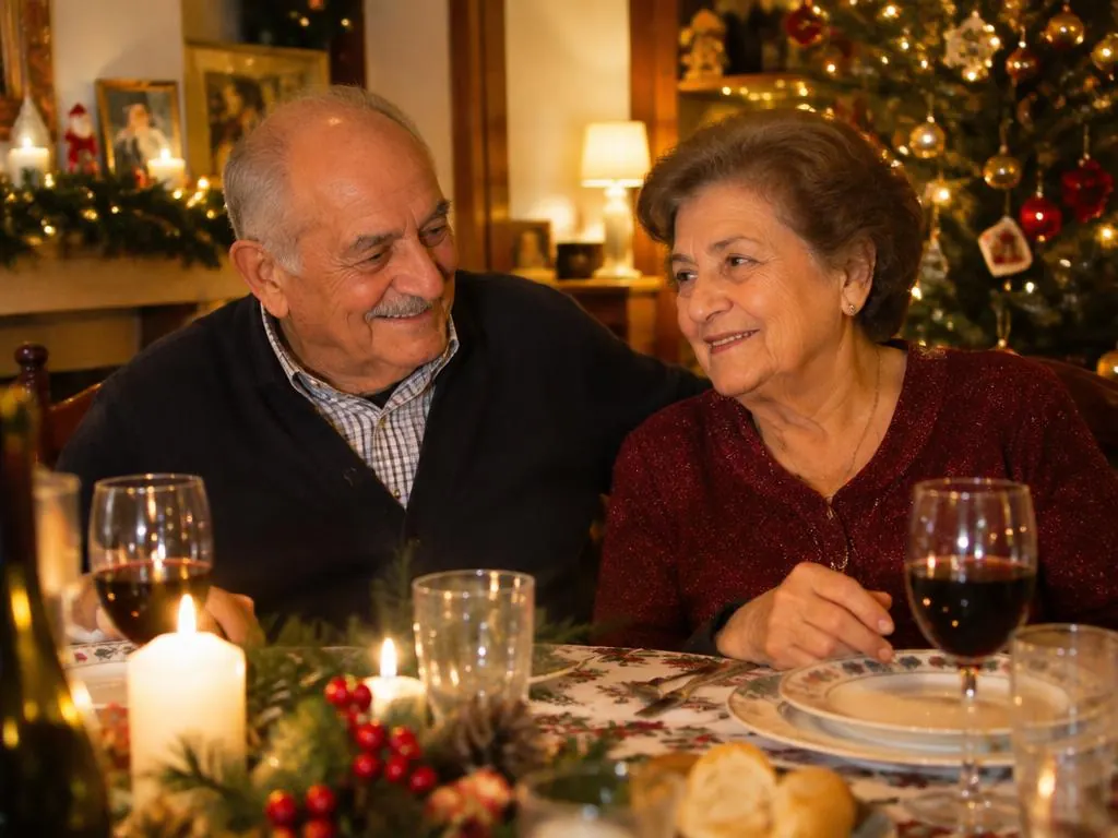 Abuelos sonriendo juntos en la mesa de Navidad