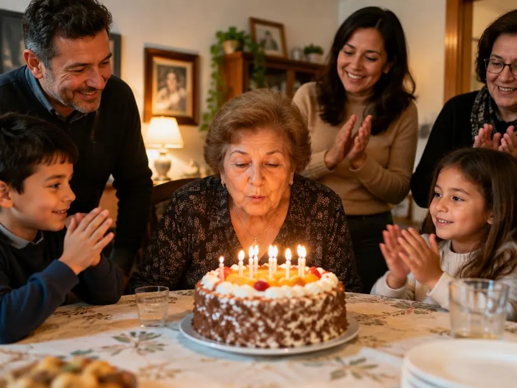 Abuela soplando las velas de su tarta