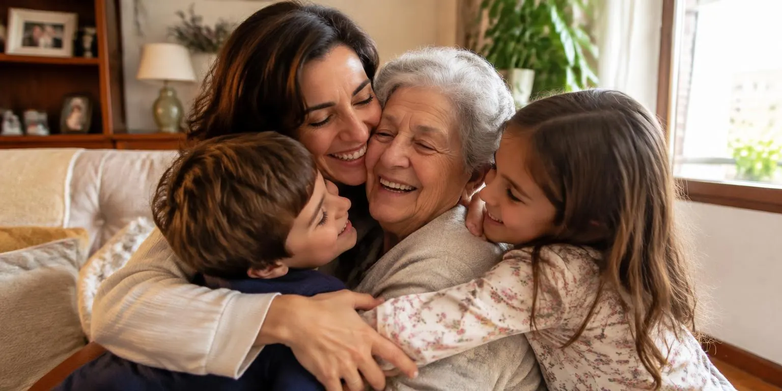 Familia abrazándose en el salón