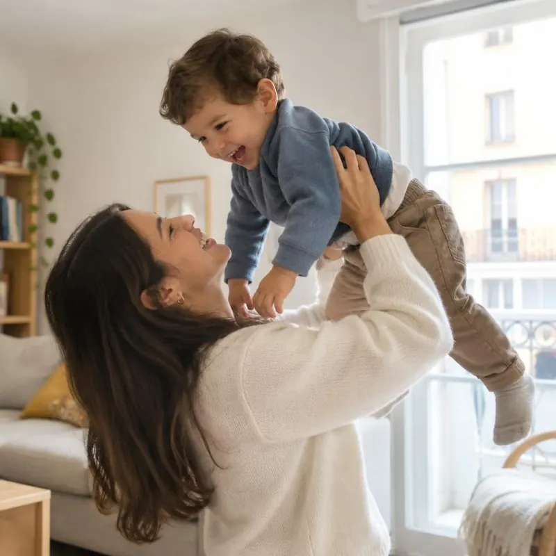 Madre levantando en brazos a su hijo pequeño
