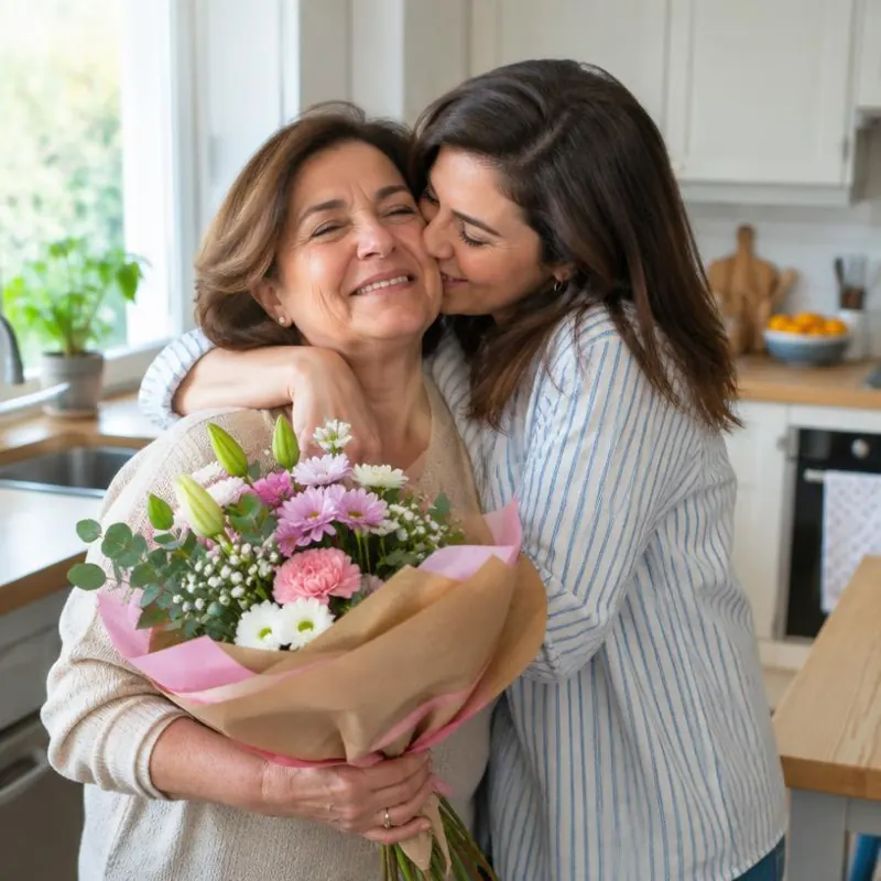 Hija abrazando a su madre, que sostiene un ramo de flores
