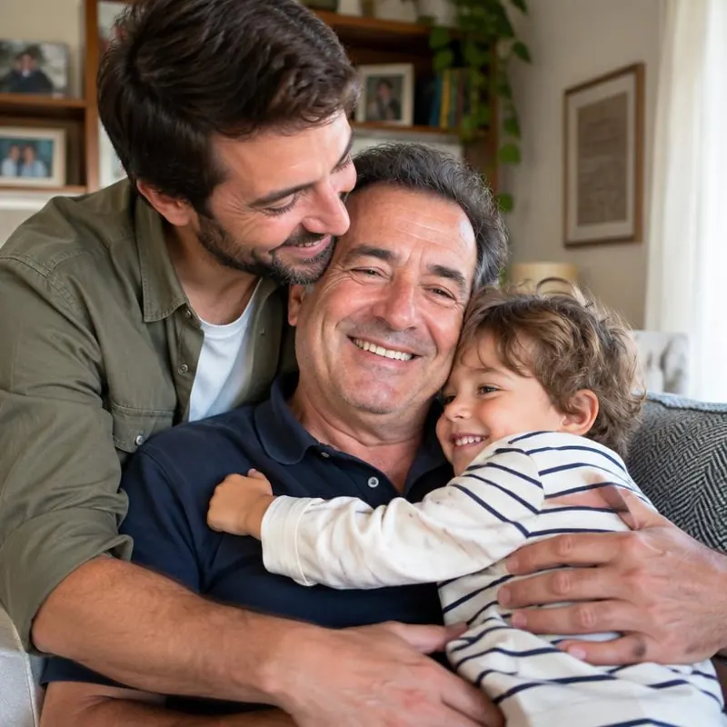 Padre abrazado por su hijo y su nieto