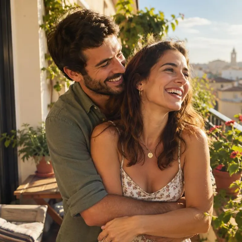 Pareja riendo abrazada en un balcón