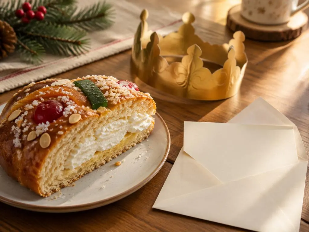 Porción de roscón de Reyes con su corona de papel junto a un sobre